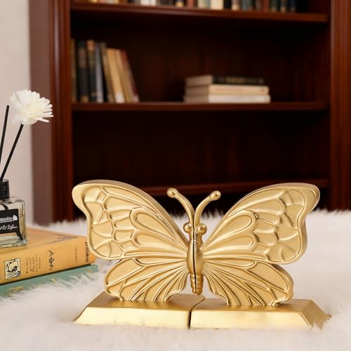 Kathfly Decorative Butterfly Bookends, Vintage Butterfly Book Ends, Resin Gold Bookends for Shelves, Heavy Duty Book Stopper for Desk Home Office, Shelf Decoration - style: Butterfly