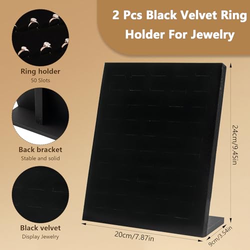 2 Pack Velvet Ring Display Stand, 50 Slots Ring Organizer Jewelry Display Tray, L-Shaped Holder Display for Selling Earrings, Black
