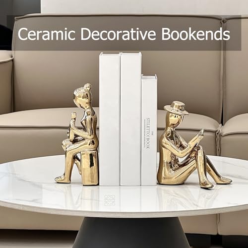 Decorative Book Ends Ceramic Bookends for Shelves, Home Office Decor Aesthetic Statues Book Stopper for Bookshelf Table Bedroom Living Room Decoration (Gold) - color: Gold