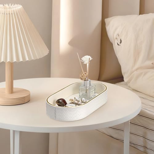 Hipiwe PU Leather Valet Tray with Gold Line Perfume Vanity Tray Catchall Tray for Jewelry Trinket Oval Bedside Nightstand Organizer for Home Decor, White - color: White