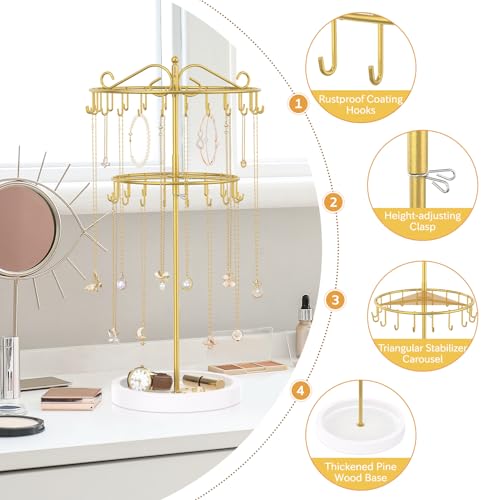 iDavosic.ly 2 Tier Rotating Necklace Holder Organizer with 42 Hooks, Adjustable Metal Bracelet Display Stand Rack, Extra Tall Keychain Spinning Tree Tower for Women, Wooden Base | White & Gold - color: White with Wooden Tray