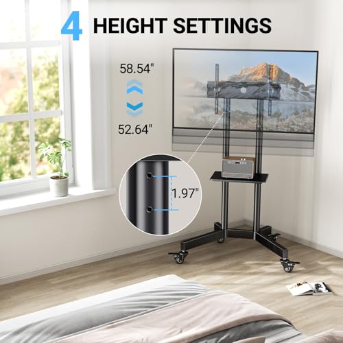 PERLESMITH Rolling TV Stand with Lockable Wheels for 32-86 Inch TVs Holds up to 132 Lbs, Height Adjustable Mobile TV Stand on Wheels with Laptop Shelf, Rolling Tv Cart Max VESA 600x400mm PSTVMC01 - size: 32-86 Inch