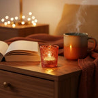 6 Pack Patented Sun Moon Star Embossed Glass Tea Light Candle Holders - Unique Votive Candle Holders for Wedding, Party, and Table Centerpieces (Pumpkin Spice) - color: Pumpkin Spice