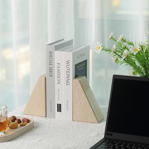 Marble Bookends for Heavy Books, Decorative Book Ends for Shelves, Durable and Heavy-Duty Stone Bookends for Hardback Book & CDS, Unique Book Stopper & Holder, New Jura Beige-Vein, Set of 2 - color: Arabia Beige-vein
