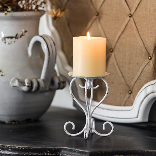 SOFE Metal Pillar Candle Holder, Shabby Chic White Candle Stand Scroll Shape 5.6 Inches Tall, Modern Farmhouse Candles Pedestal, Living Room, Bedroom, Dining Room, Coffee Table Decor