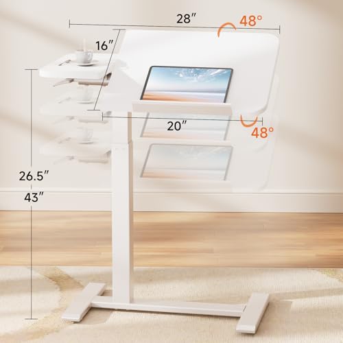 GTPLAYER Overbed Bedside Table with Wheels,Tiltable Hospital Bed Table Over The Bed, Pneumatic Adjustable Rolling Laptop Desk, Mobile Standing Desk for Hospital and Home Use (White) - color: White