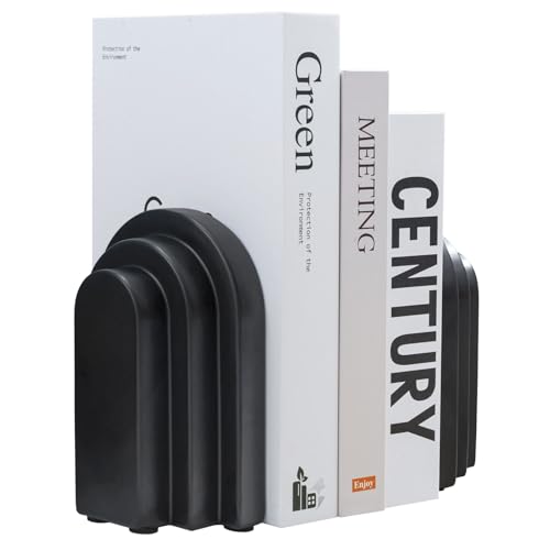 MyGift Black Concrete Bookends Decorative Arch Design, Book Ends for Heavy Books, Book Stopper for Shelves, Minimalist Home and Office Organizer, Modern Art Decor, 1 Pair