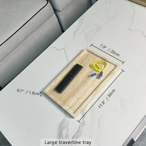 Travertine Stone Tray for Coffee Table, 12 x 8 inch Rectangle Marble Vanity Tray for Bathroom Countertop, Decorative Dish for Perfume Jewelry (Beige Travertine)