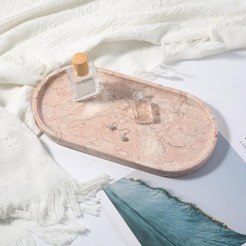 Koville Pink Marble Tray for Bathroom Countertop, Vanity Tray Stone Trays for Decor, Natural Marble Decorative Tray for Dresser Organizer, Storage Trays for Perfume, Jewelry, Cosmetics(Coquille Pink) - color: Coquille Pink, size: 12" x 6" x 0.7"