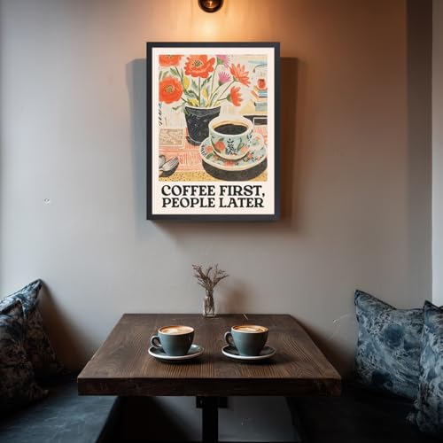 GELDSTEI Wood Framed Retro Coffee Wall Art, Vintage Cafe Wall Decor, Coffee First People Later Canvas Painting, Classical Cafe Bar Poster Print for Kitchen Dining Room Home Office 12x16 Inch - color: Retro(Wood), size: 16"L x 12"W