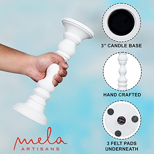 Mela Artisans Wooden Pillar Candle Holders | Willow Design | Set of 3 Mango Wood Candlesticks | Matte White | Sizes 6" & 9" & 12" | Table Decor | Centerpiece | Mantel | Wedding | Living Room Decor - color: Matte White