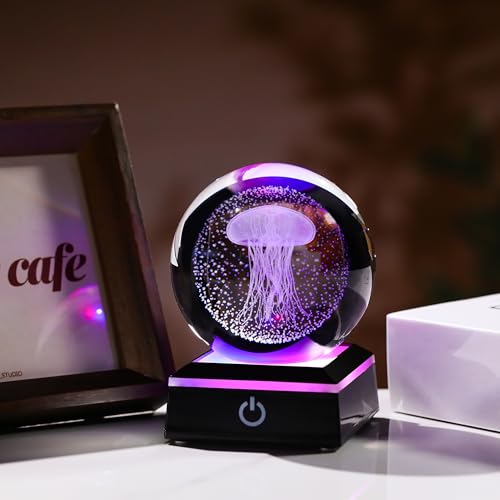 Qianwei Jellyfish Lamp for Women 3D Crystal Ball 3.14'' - 80mm Laser Jellyfish Decor Glass Animals Jellyfish Night Light Gifts Figurines Statue for Room Decorations Jellyfish Stuff - style: Jellyfish