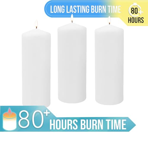 Stonebriar 3 Pack Tall 3 x 8 Inch 80 Hour Long Burning Unscented White Wax Pillar Candles - size: 3" x 8", style: Pack of 3