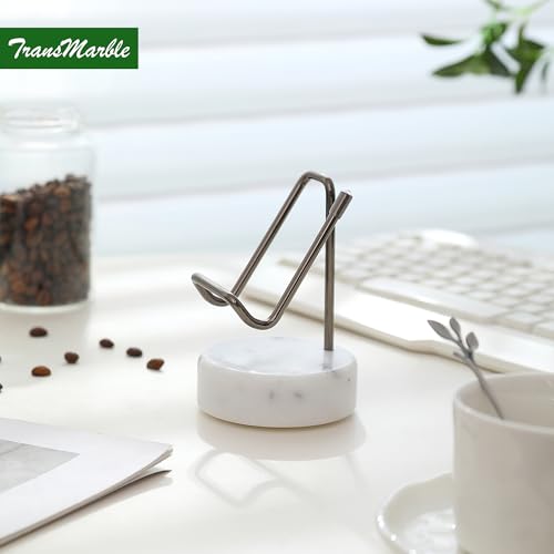 Marble Phone Stand with Metal Holder, Charging Available While Using, Swipe Up to Unlock, Made of Natural Marble as Business Card Holder for Office Desk (Starry White + Black) - color: Starry White + Black