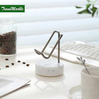 Marble Phone Stand with Metal Holder, Charging Available While Using, Swipe Up to Unlock, Made of Natural Marble as Business Card Holder for Office Desk (Starry White + Black) - color: Starry White + Black