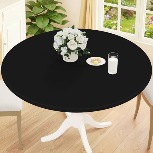 Smiry Round Picnic Tablecloth, Wipeable Flannel Backed Vinyl Tablecloths for 18" - 24" Tables, Waterproof Elastic Fitted Table Covers for Camping, Indoor, Outdoor, Black - color: Black, size: For Up To 18"-24" Round