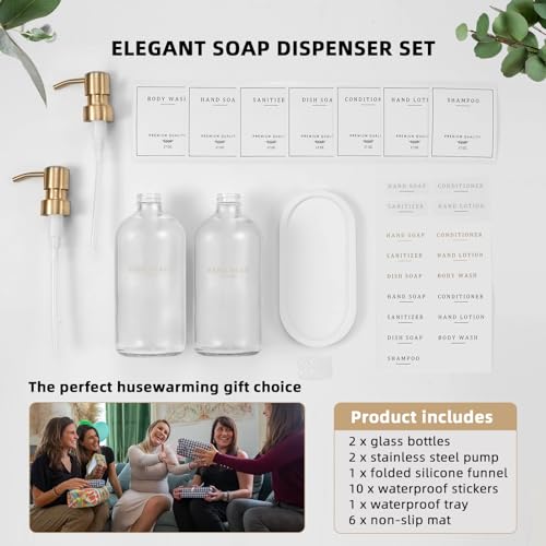 Glass Soap Dispenser - Dish Hand Soap Dispenser Set for Kitchen, Bathroom Soap Lotion Dispenser with 304 Rust Proof Pump, Tray, Clear Bottle/Gold Pump - color: Clear Bottle/Gold Pump + Tray + Funnel