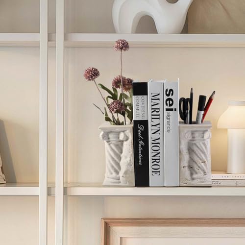 Roman Column Book Ends Decorative, 4-in-1 Heavy Duty Marble Bookend for Shelves, Unique Pen Holder & Mini Flower Vase, Classic Greek Statue for Office Home Desk Decor (2PC, Beige) - style: Classical -Beige