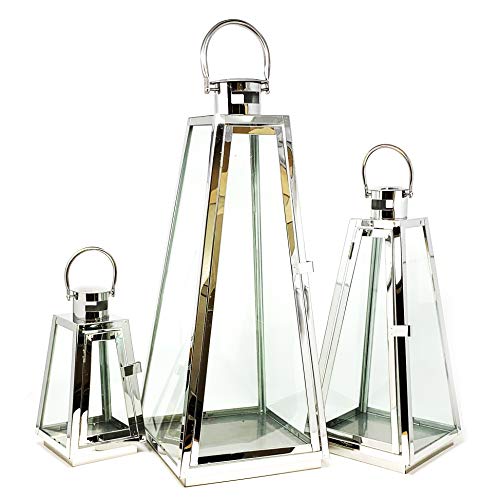 Allgala 3-PC Lantern Set 24 Inch Jumbo Deluxe Modern Indoor/Outdoor Candle Lantern Set Silver Chrome Stainless Steel Tapered Trapezoid Frame with Tempered Glass for Garden Patio Fireplace Wedding - color: Taper Silver