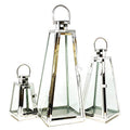 Allgala 3-PC Lantern Set 24 Inch Jumbo Deluxe Modern Indoor/Outdoor Candle Lantern Set Silver Chrome Stainless Steel Tapered Trapezoid Frame with Tempered Glass for Garden Patio Fireplace Wedding - color: Taper Silver