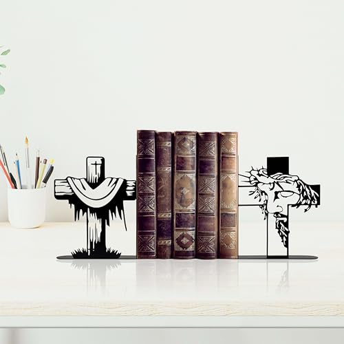 Jesus and Cross Decorative Bookends for Shelves, Christian Gifts for Women, Religious Bookshelf Decor with Faith-Based Design for Home and Room Accents