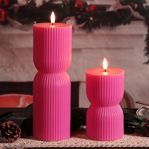 Hot Pink Ribbed Flameless Pillar Candles with Remote, Real Wax Flickering Battery LED Candles Set of 2 - color: Hot Pink