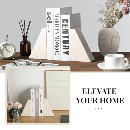 Koville Marble Bookends for Shelves, Large Bookends for Heavy Books, Non-Slip Heavy Duty Book Stopper for CD/Movies, Aesthetic Decorative Bookends for Shelves Table Home Decor(Beige) - color: Trapezoid-beige