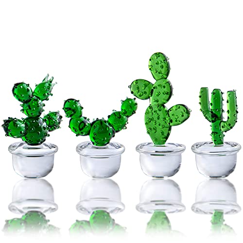 H&D HYALINE & DORA 4pcs Handmade Glass Blown Cactus Cute Crystal Art Cactus Figurines Collectibles Desk Tabletop Simulation Plants Decorations - color: Green