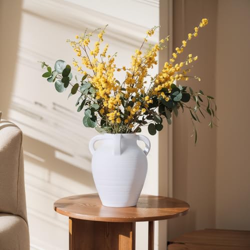 Handmade White Vase - 10" Tall Terracotta Vases with 4 Ear Design, Wide Mouth Vintage Vases, Rustic Antique Decor Matte Finish White Ceramic Vase for Home Decor, Living Room, Table, Fireplace Decor - color: White, size: Large