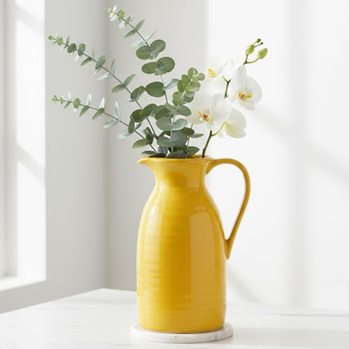 hjn Farmhouse Pitcher Vase for Flowers- Decrative Pitchers White Ceramic Pitcher Yellow Vase for Your Kitchen/Home Decor/Office/Living Room/Bookshelf/Mantel/-Yellow - color: Yellow - Pitcher Vase