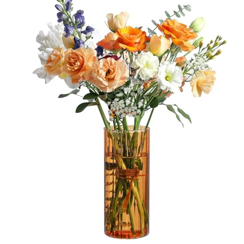 ComSaf Glass Cylinder Vases, Bud Vase for Centerpieces, 8 Inch Tall Ribbed Vase Hurricane Floating Candle Holder, Decorative Flower Vases for Wedding Reception, Home Decor, Housewarming Gift (Amber) - color: Amber