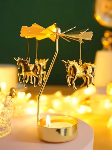 Self Rotating Candlestick Holder, Metal Tea Light Holders Automatic Rotating, Romantic Aroma Tea Candle Round Holder, Unicorn, Snowflower, Kids, Leather Candle Holder Home Decor (Horse) - color: Horse