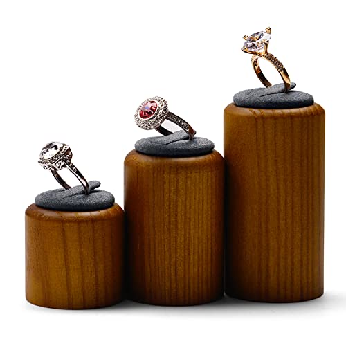 Solid Wood Ring Display Stand 3 Piece Cylindrical Microfiber Ring Holder Wooden Jewelry Display Holders Showcase Display (Gray) - color: Grey