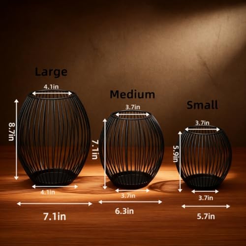 3-Piece Black Candle Holder Set – Modern Metal Wire Black Candlestick Holders for Pillar Candles, Decorative Round Cage Candle Lanterns for Table, Shelf, or Home Décor