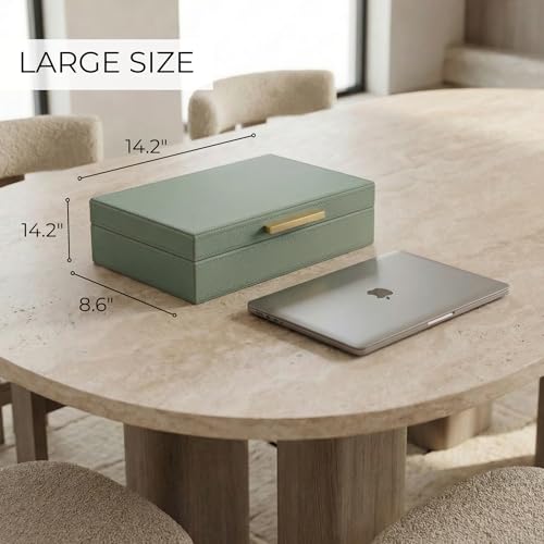 ZICOTO Decorative Storage Boxes with Lids – Set of 2 Beautiful PU Leather Organizer Bins for Your Bookshelf Home Decor - Safely Store Photos, Documents and Memory Box Keepsakes in Style - color: Sage