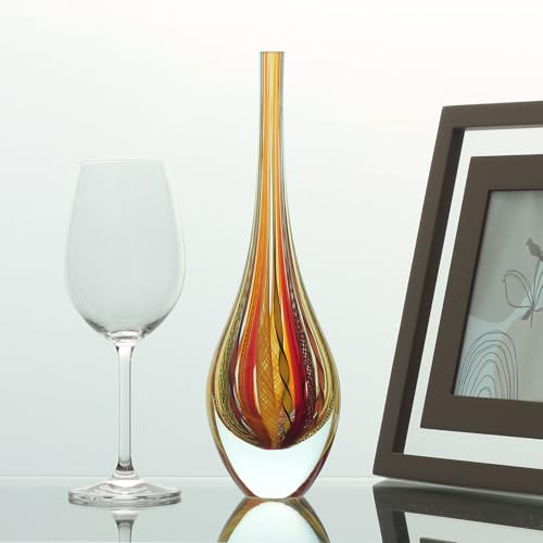 Ca D Oro Small Drop Glass Vase Boho with Red/Yellow Canes Hand Blown Murano-Style Art Glass - Model Tall - color: Red