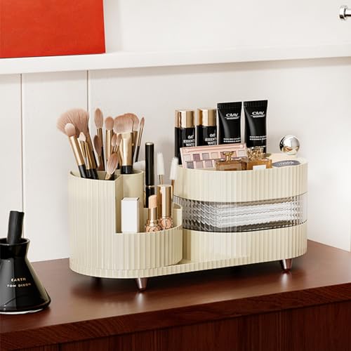 Ivory Rotating Vanity Organizer with Drawer & Brush Holder - 3 Layer Cosmetic Skincare & Perfume Storage - Countertop Makeup Display Case - color: ‎3 Layer Rotating Makeup Organizer-White