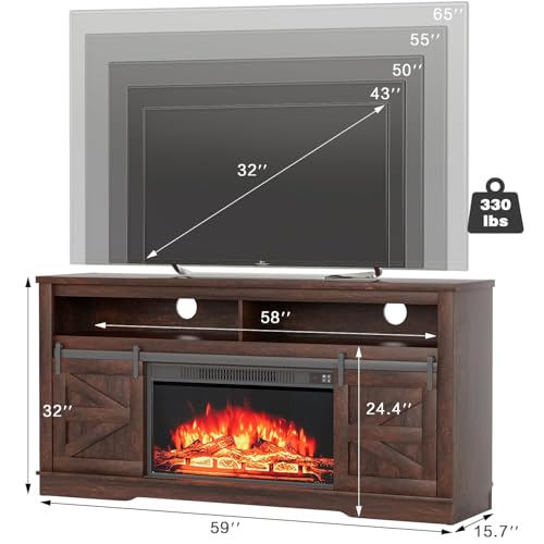 YESHOMY Fireplace TV Stand for Television up to 65+ Inch with Storage and Farmhouse Sliding Barn Doors, Entertainment Center with Cabinet and Shelves, Media Console for Living Room, Dark Brown - color: Dark Brown, style: Sliding Barn Doors Fireplace TV St