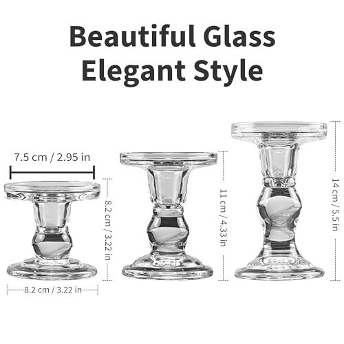 YAKii Clear Glass Candle Holder Set - Elegant Crystal Candlestick Holders for Pillar Taper Candles and Tea Lights - Perfect for Home Decor, Wedding, Christmas and Party - Set of 3