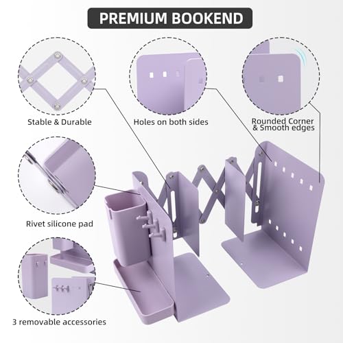 Adjustable Bookends, 19" Metal Book Ends for Heavy Books, 2 Dividers Bookends with Removable Pen Holder, Tray, and 3 Hook-up, Book Organizer for Office, School, Bookstore, Home - color: Purple