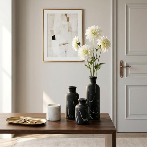 Modern Ceramic Flower Vase Set of 3, Minimalist Vase for Home Decor, Decorative Vase for Table Entryway Mantel Centerpiece Living Room Bathroom Bedroom (Black Gray Marble) - color: 103-black Gray Marble