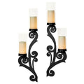 Augustine Scrollwork Black Candle Wall Sconce Pair | Metal Designs with Included Hurricane Style Glass Candleholder - color: Black