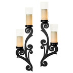 Augustine Scrollwork Black Candle Wall Sconce Pair | Metal Designs with Included Hurricane Style Glass Candleholder - color: Black