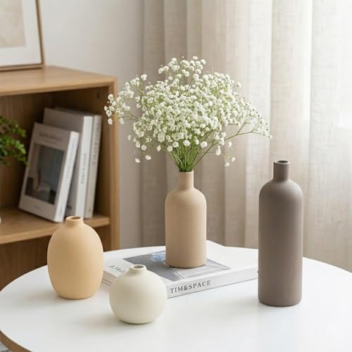 Ceramic Vase Set of 4 – Handmade Boho Neutral Farmhouse Pottery Vases for Pampas Grass, Modern Dried or Fresh Flowers, Decorative Vases for Living Room, Table, Shelf & Entryway