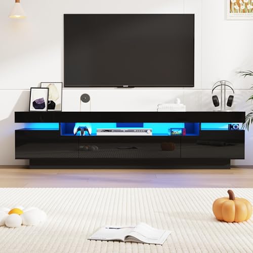 Uspeedy 70IN White TV Stand for 75/80 inch TV,Modern LED TV Stand for Living Room,High Gloss Entertainment Center with Storage Drawer,APP RGB Light,TV Console,Television Stands(Black) - color: Black