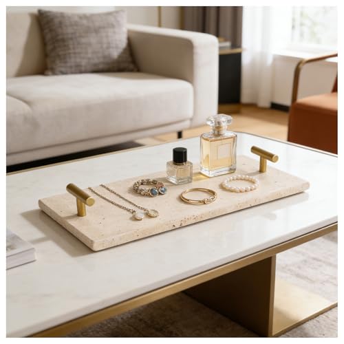 Napkin Holder - Guest Towel Holder for Bathroom - Travertine Stone Paper Towel Holder - Hand Towel Tray with Gold T-Handle(11.8x4.7x1.7 Inchs) - color: Yellow