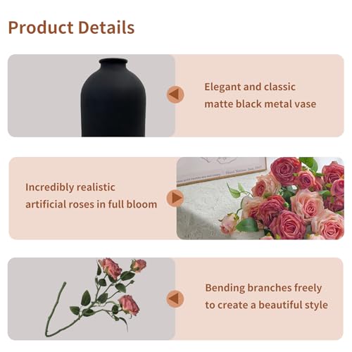 Artificial Flowers with Vase, 15 Heads Silk Roses, Flowers for Centerpieces, Matte Black Metal Vase, Modern Farmhouse Decor, Tabletop Decorations for Party, House Stuff for New Home, 8.6"