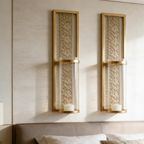 Wall Candle Holder,2PCS Vintage Hollowed Metal Sconce with Glass Cover,Walls Mount Iron Wall Art Candleholder Sets,Ramadan Walls Decorations for Living Room Farmhouse Fireplace Wedding - color: Golden