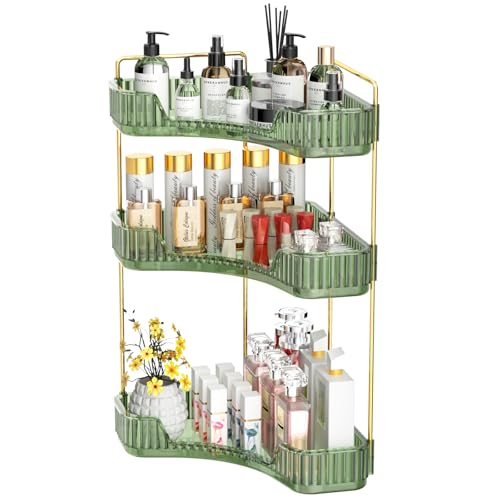 GTI 3-Tier Corner Bathroom Counter Organizer, Large Capacity Makeup Organizer Countertop, Perfume Cosmetics Skincare Vanity Organizers, Exquisite Countertop Storage for Women (Green) - color: Green, size: 10" x 10" x 17.5"