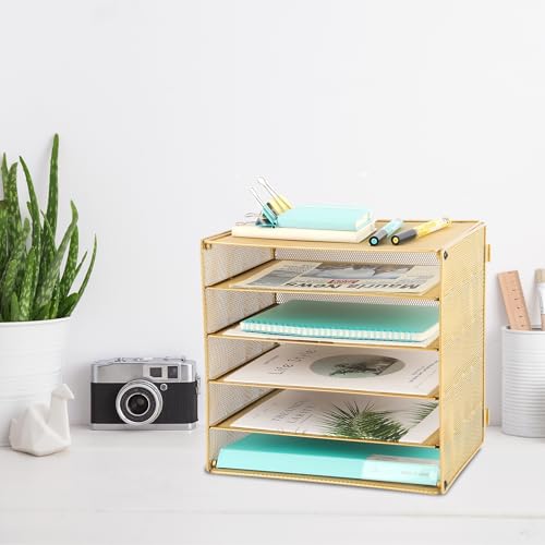 EASEPRES 5 Slot Mesh Desk Organizer Tray, File Paper Letter Folder Holder Desktop Paper Sorter Mail Organization Rack Storage Accessories, for Office Home School Classroom, Gold - color: 5 Tier Gold